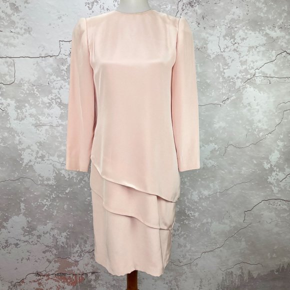 Vintage David Hayes Silk Pink Tiered Shift Midi Dress 8 - Picture 1 of 10